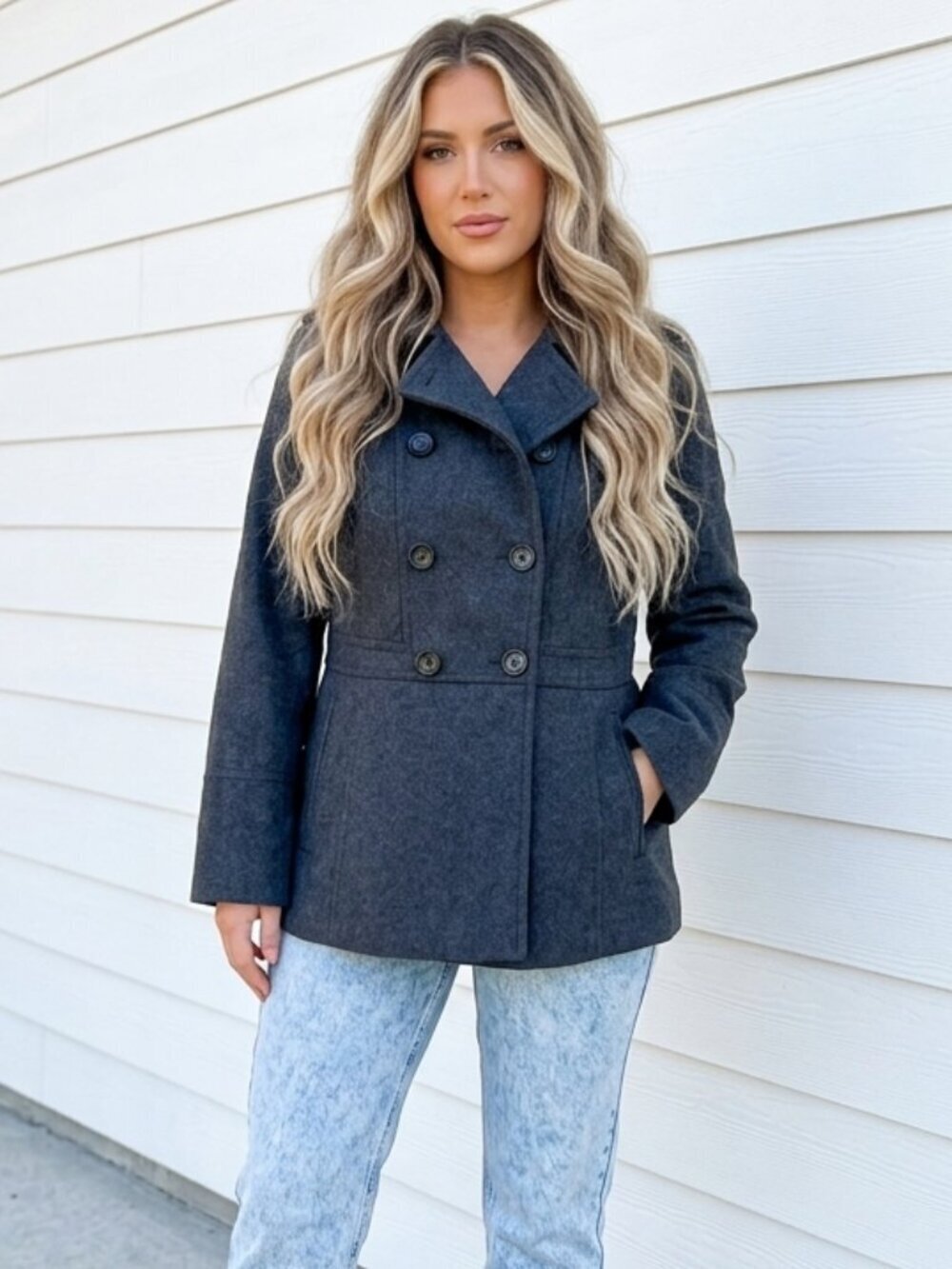Michael Kors Double Breasted Pea Coat Charcoal Grey Size Medium Preppy Luxury - Picture 13 of 14